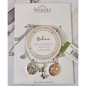 LA Rocks Silver & Rose Gold Tone Crystal Charm Bracelet w/ Butterflies & Flowers